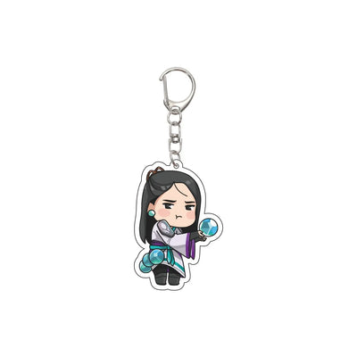 Acrylic keychain with chibi agent in dark suit holding a blue orb, model plate charm