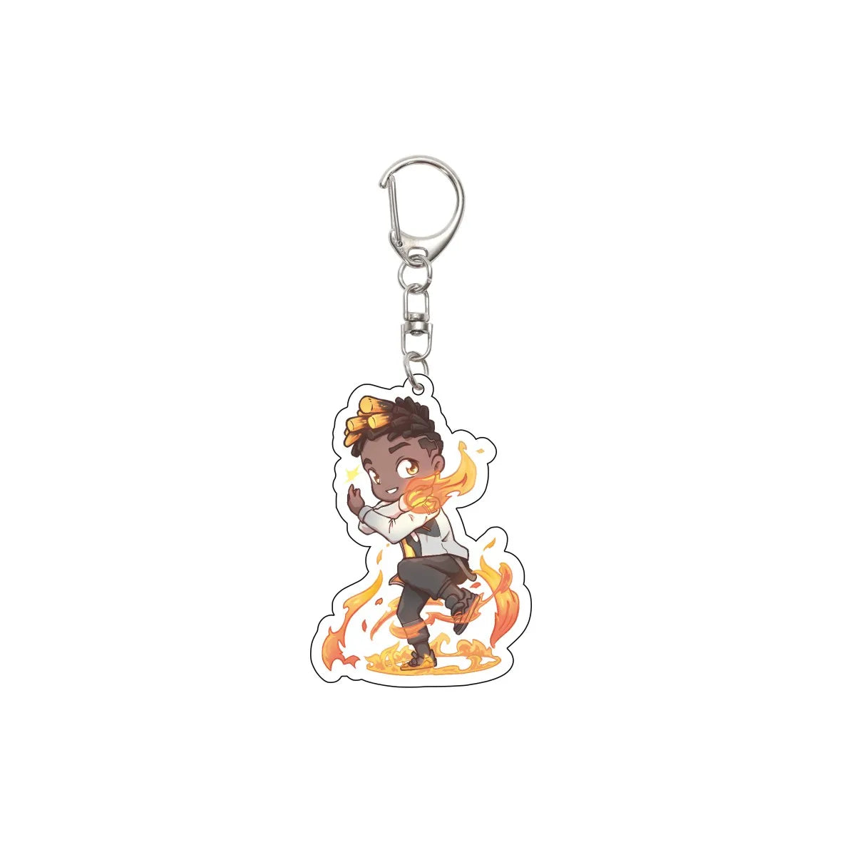 Acrylic keychain featuring a cute cartoon agent character with fiery orange effects.