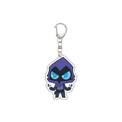 Acrylic keychain featuring a cute cartoon hooded character with glowing blue eyes.