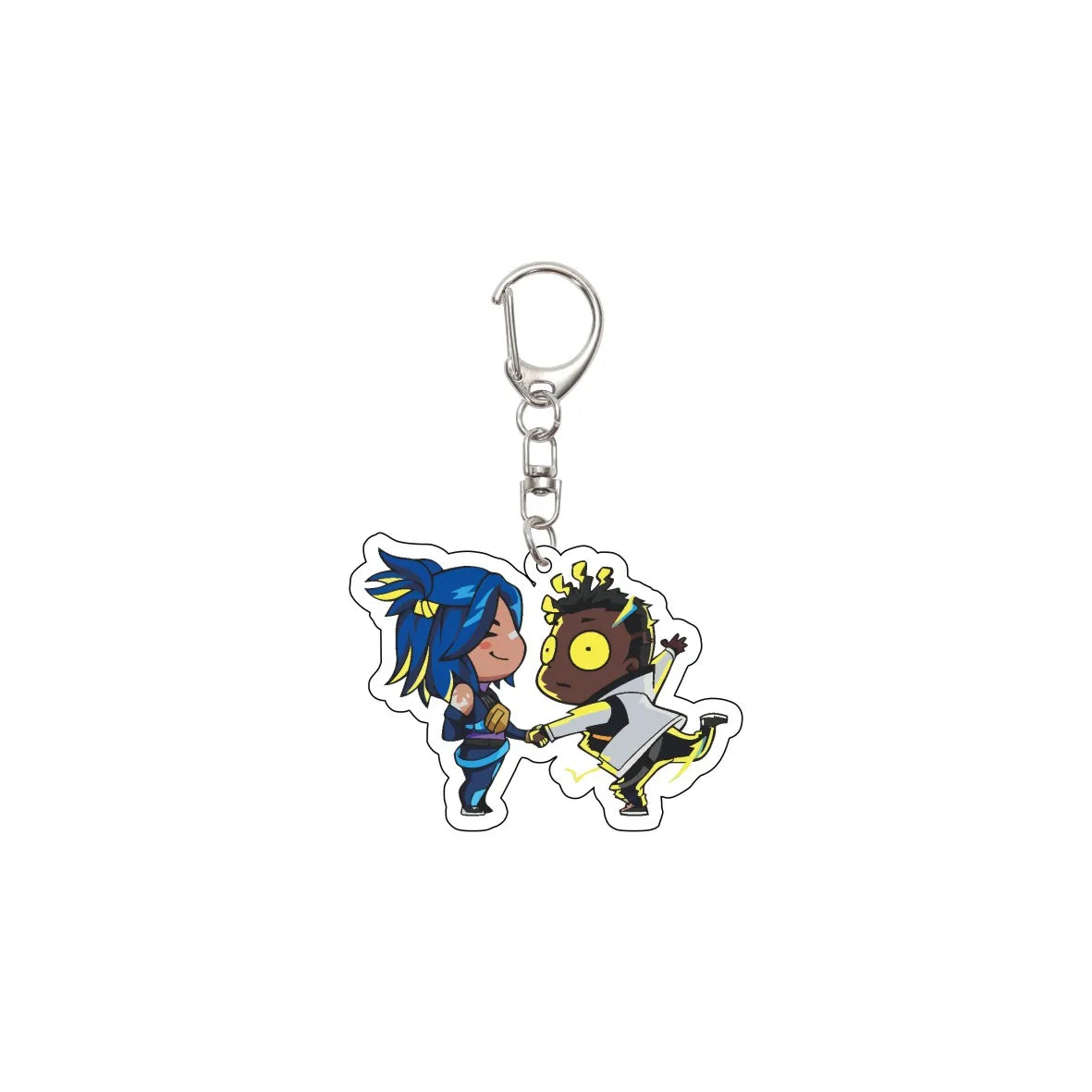 Acrylic keychain featuring a cute cartoon agent and a small yellow creature with sparks.