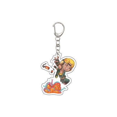 Acrylic keychain with chibi agent in brown gear holding a rifle, model plate charm