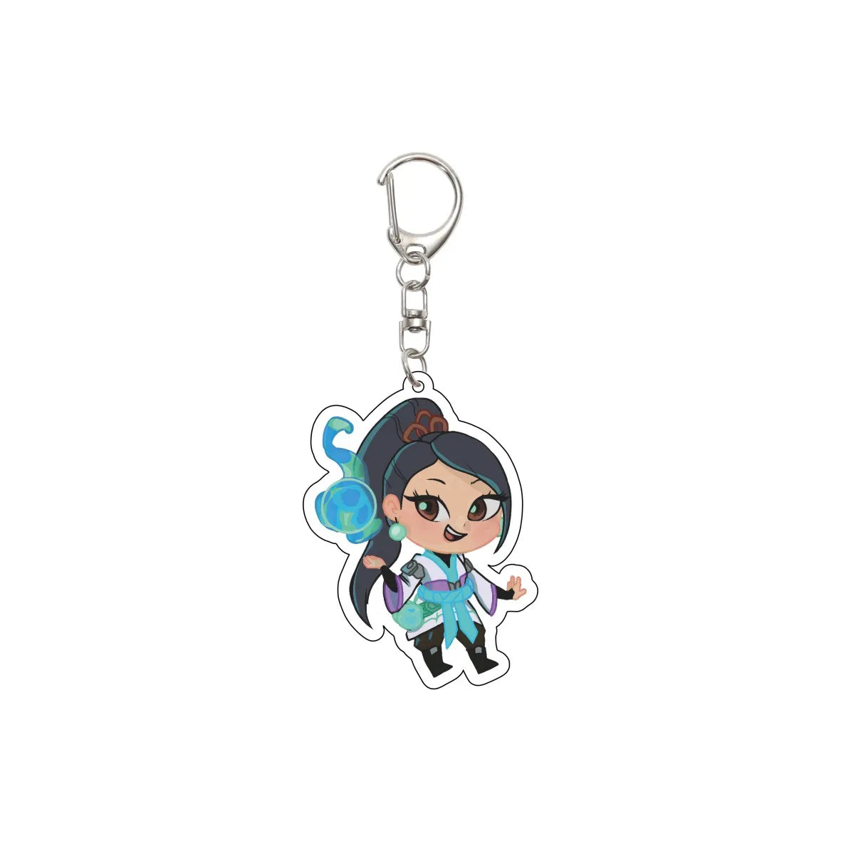 Blue-caped chibi character acrylic keychain with silver chain and split-ring clasp