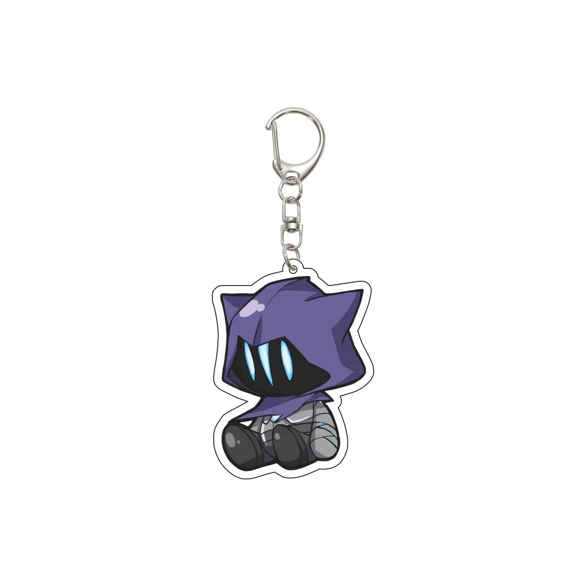 Acrylic chibi character keychain with purple hat and dark outfit