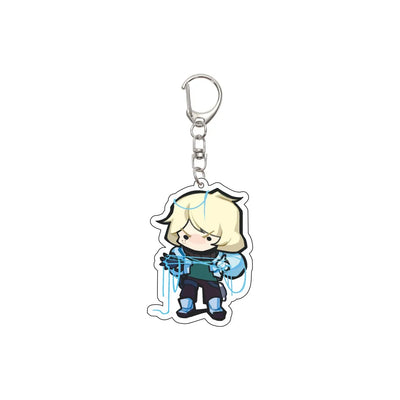 White-and-blue chibi character acrylic keychain with silver chain and split-ring clasp