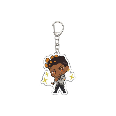 Brown-and-orange chibi character acrylic keychain with silver chain and split-ring clasp