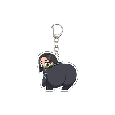 Acrylic chibi character keychain with black outfit and green goggles