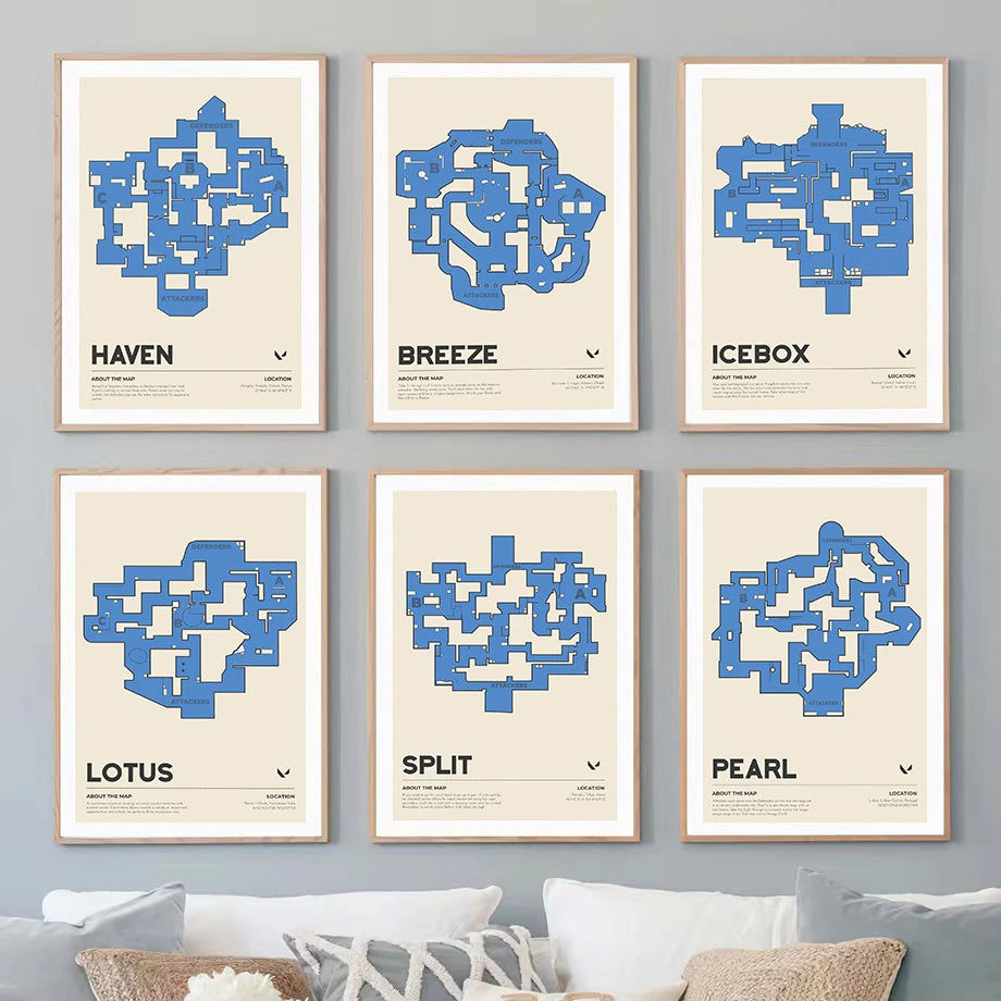 Blue map wall art canvas prints set in white frames, featuring multiple game map designs