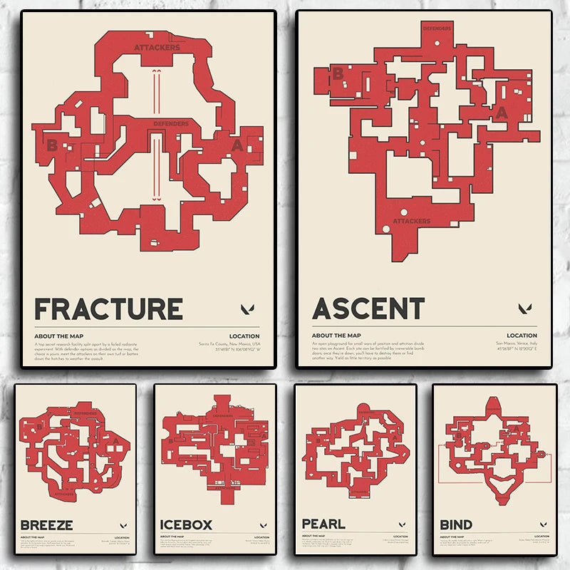 Fracture and Ascent map wall art canvas prints, red and off-white game route designs.