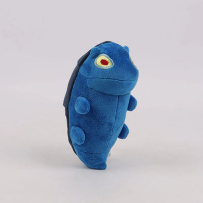 Blue plush toy with small arms and a red-and-yellow eye emblem, side view.