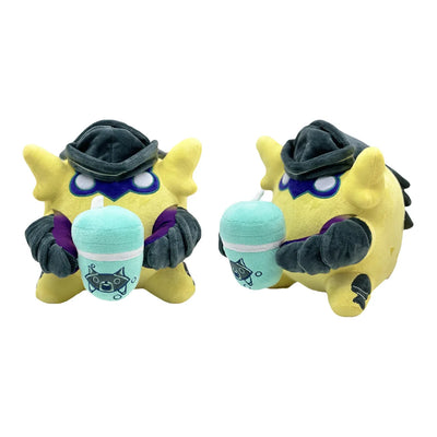 Pair of yellow plush toys with dark hats, mint faces, and purple accents.
