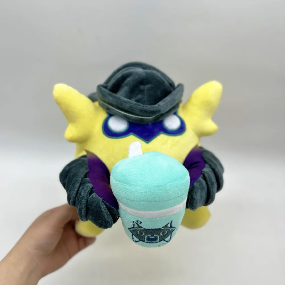 Yellow plush creature facing front, dark sleeves, blue goggles, and teal drink pouch