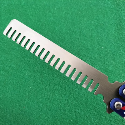 Blue and red patterned hair comb knife with serrated teeth and blue handle