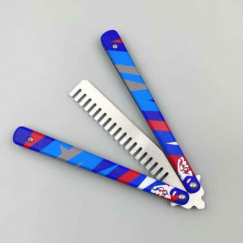 Blue and red patterned butterfly knife comb with grey serrated blade